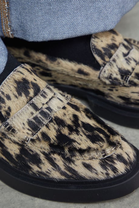 Faith: Barrie Cow Print Pony Chunky Penny Loafers - Image 4