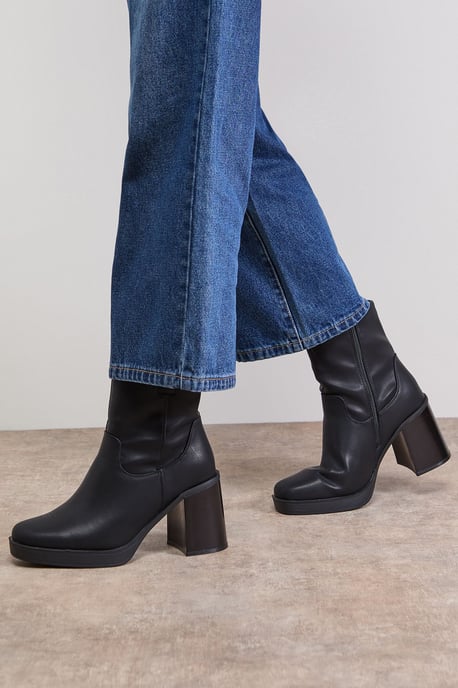 Wide Fit Carina Faux Leather Round Toe High Block Platform Ankle Boots - Image 1