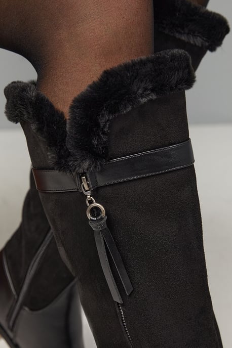 Good For The Sole: Lucia Faux Leather Fur Trim Side Zip Flat Knee Boots - Image 4