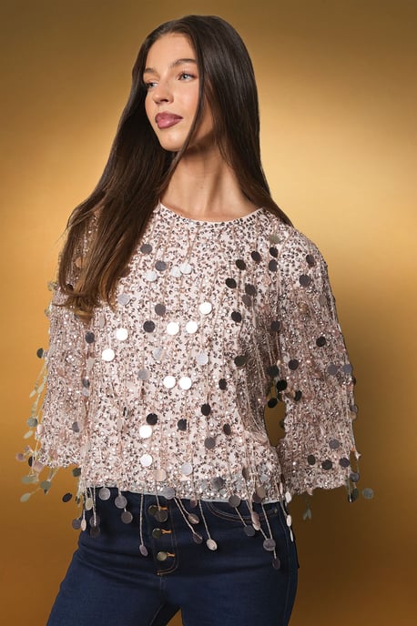 Sequin Fringe Long Sleeve Party Top - Image 2