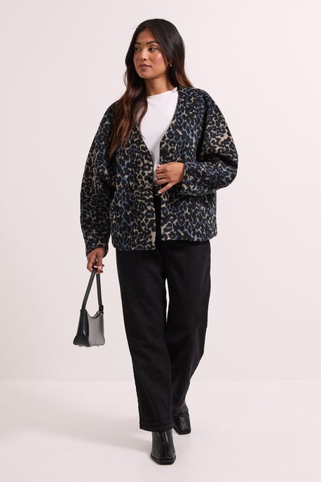 Petite Short Collarless Animal Print Coat - Image 1