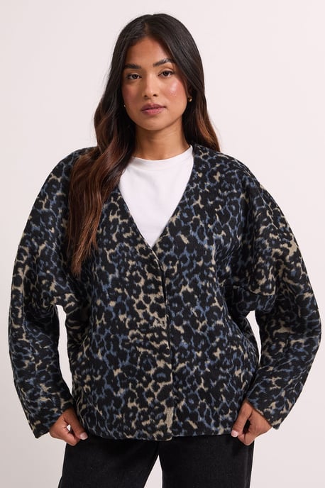 Petite Short Collarless Animal Print Coat - Image 2