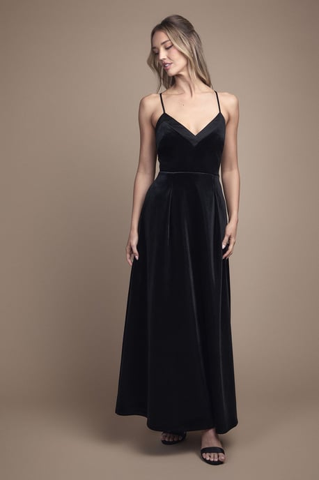 Velvet V Neck Strappy Low Back and Bow Detail Maxi Bridesmaid Dress - Image 1