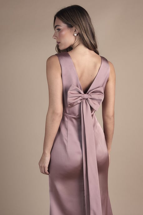 Bow Back V Neck Satin Bridesmaid Dress - Image 2
