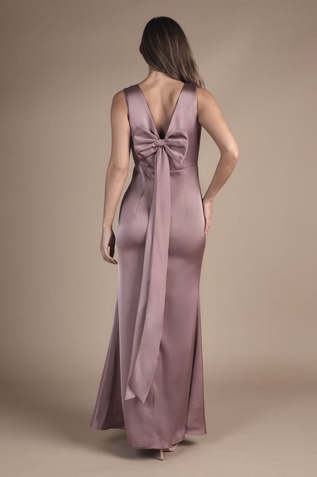 Bow Back V Neck Satin Bridesmaid Dress - Image 3