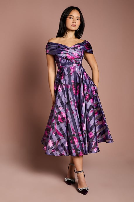 Petite Stripe Organza Pleated Top Midi Dress - Image 1
