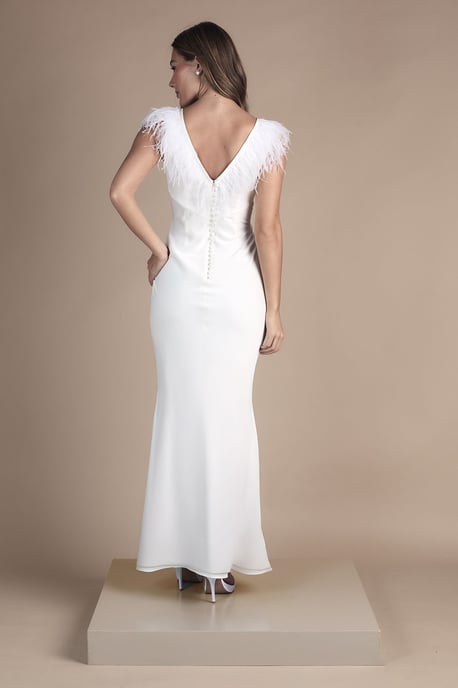 Feather Shoulder Detail V Neck Satin Wedding Dress - Image 3