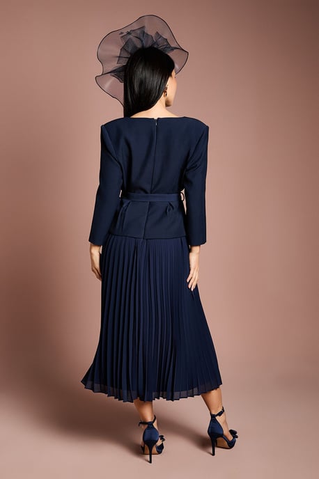 Petite Crepe Bodice Long Sleeve Pleated Midi Dress - Image 3