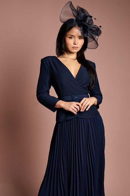 Petite Crepe Bodice Long Sleeve Pleated Midi Dress - Image 4