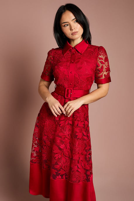 Petite Satin Trim Lace Shirt Midi Dress - Image 4