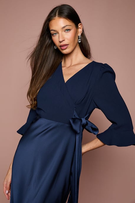 Ruffle Sleeve Satin Back Crepe Wrap Dress - Image 2