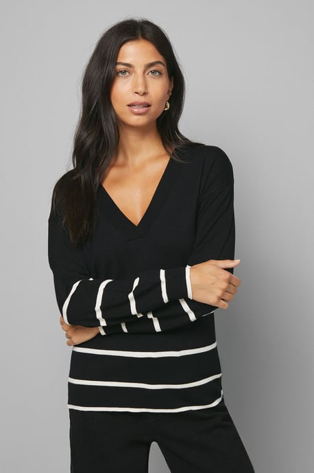 V Neck Stripe Placement Knitted Top - Image 1