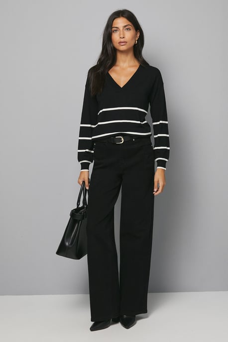 V Neck Stripe Placement Knitted Top - Image 2