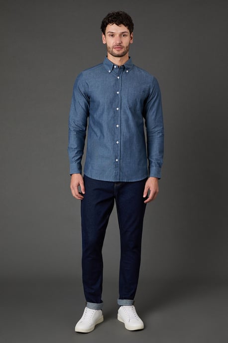 Dark Blue Textured Chambray Long Sleeve Shirt - Image 2