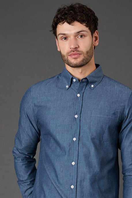Dark Blue Textured Chambray Long Sleeve Shirt - Image 3