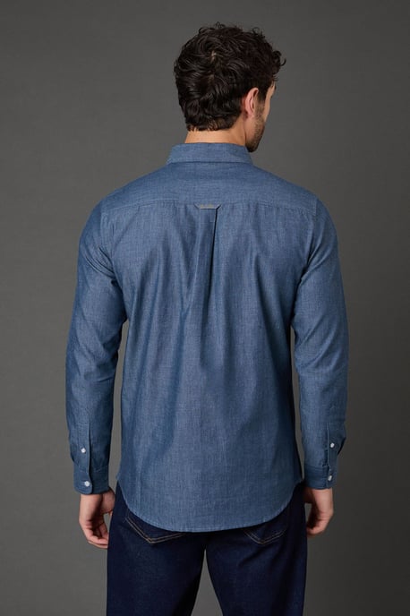 Dark Blue Textured Chambray Long Sleeve Shirt - Image 4