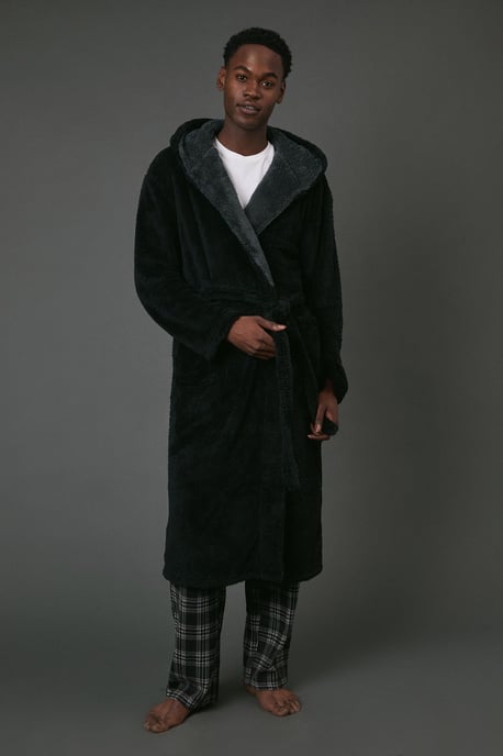 Black Contrast Sherpa Hooded Dressing Gown - Image 1