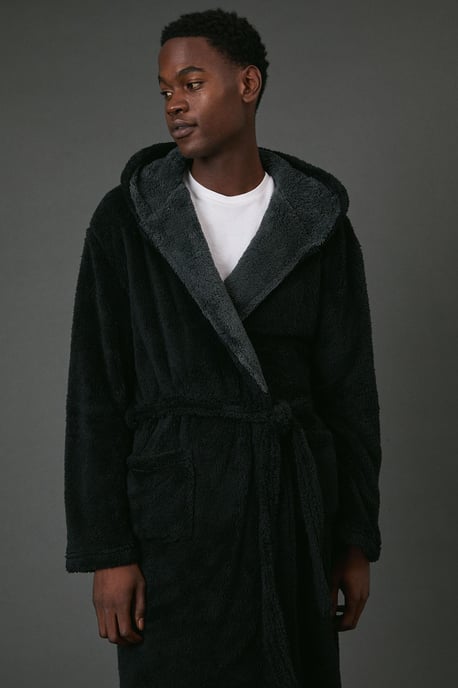 Black Contrast Sherpa Hooded Dressing Gown - Image 2
