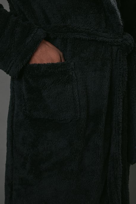 Black Contrast Sherpa Hooded Dressing Gown - Image 5