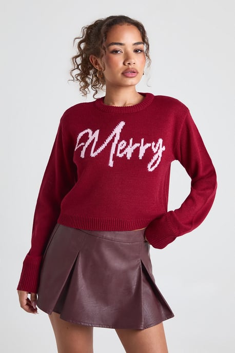 Merry Slogan Cropped Christmas Jumper - Image 1