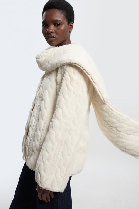 Petite Textured Faux Fur Scarf Neck Coat - Image 1