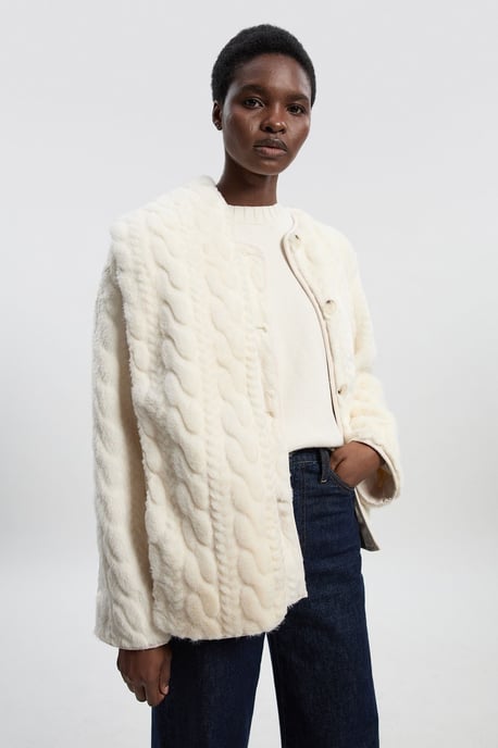 Petite Textured Faux Fur Scarf Neck Coat - Image 2
