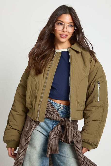 Ruched Sleeve Bomber Jacket - Image 1