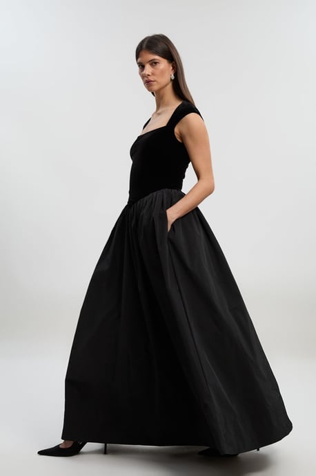 Petite Velvet Sleeveless Body With Taffeta Drop Waist Maxi Dress - Image 1