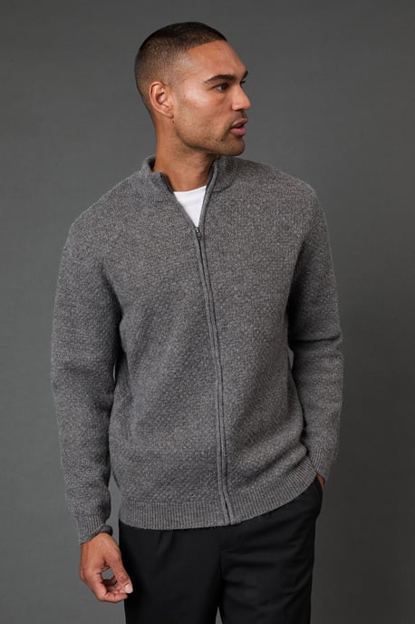 Mid Grey Funnel Neck Knitted Zip Through Jumper - Image 1