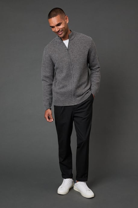 Mid Grey Funnel Neck Knitted Zip Through Jumper - Image 2