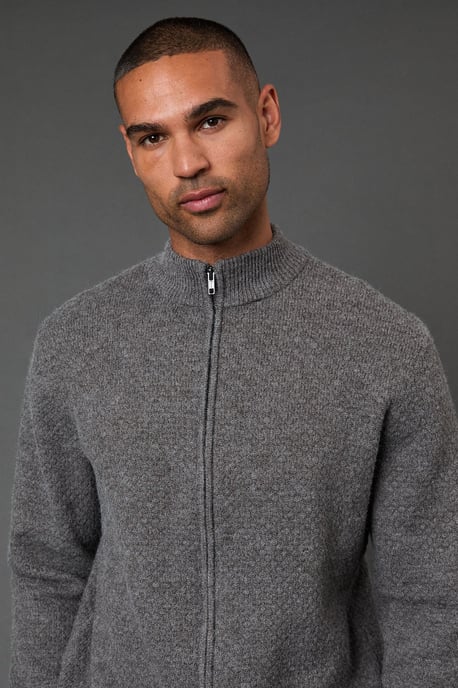 Mid Grey Funnel Neck Knitted Zip Through Jumper - Image 3