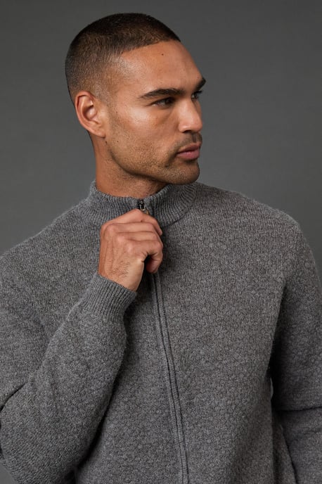 Mid Grey Funnel Neck Knitted Zip Through Jumper - Image 4