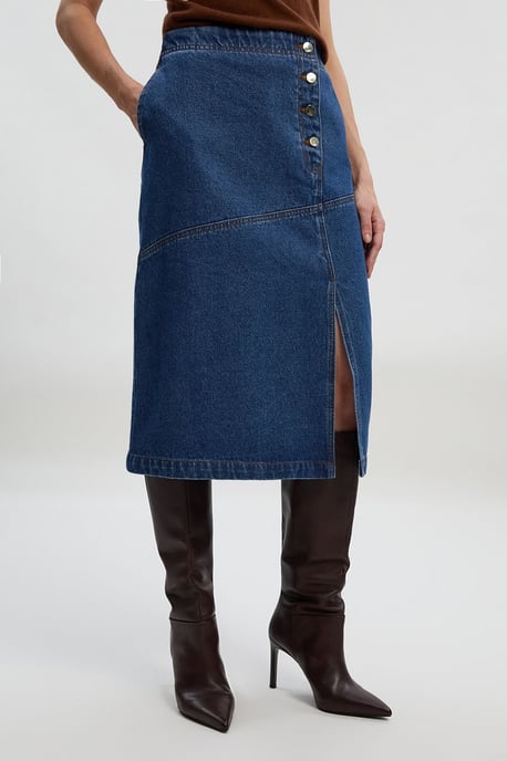 Denim Asymmetric Button Front A line Skirt - Image 2