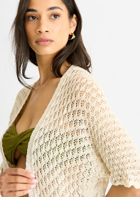 Beige Edge to Edge Crochet Cardigan - Image 2