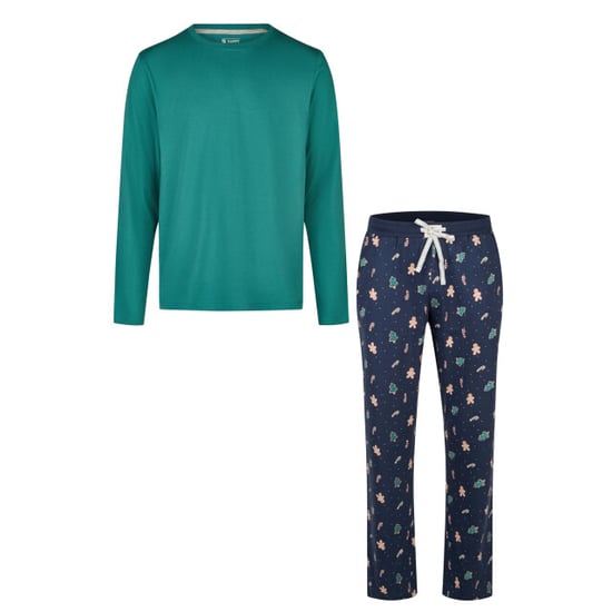 Happy Shorts Heren kerst pyjama set shirt + broek groen/donkerblauw gingerbread print - Image 1