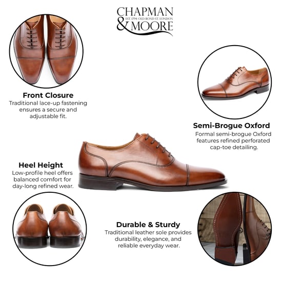 Chapman & Moore Men's Brown Plain Leather Brogue Cap-Toe Oxford Shoes - Image 2
