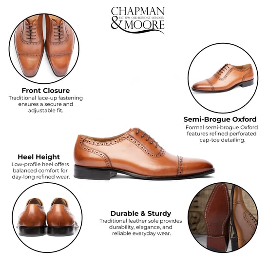 Chapman & Moore Men's Tan Brown Leather Semi-Brogue Cap-Toe Oxford Shoes - Image 2
