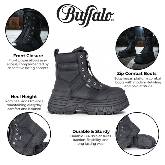 Buffalo Dam Svarta Chunky Platform Framdragkedja Höga Ankelstövlar - Fusion - Image 2