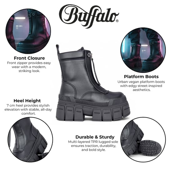Buffalo Womens Black Chunky Platform Front Zip High Ankle Combat Boots - Gospher - Image 2