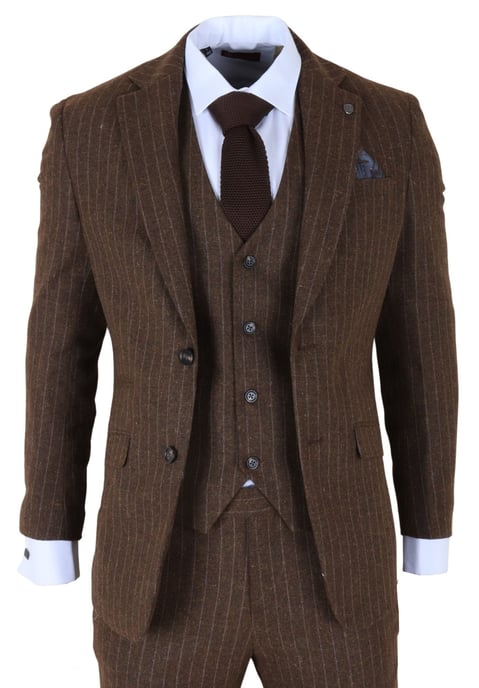 Men's Brown Pinstripe 3 Piece Slim Fit Formal Dinner Suit - Image 1