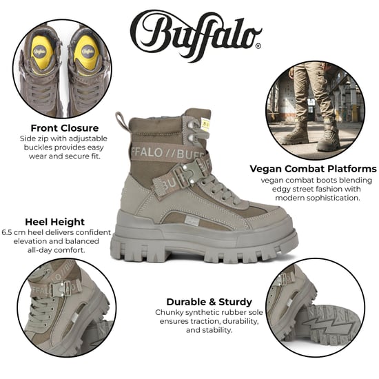 Buffalo Dames Khaki Chunky Platform Hoge Enkel Combat Boots - ASPHA-COM1 - Image 2