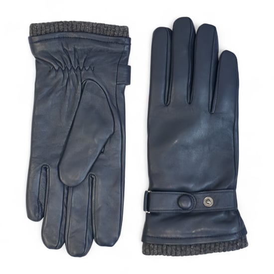 Men’s Navy Blue Italian Leather Warm Wool Lining Winter Bike Riding Driving Casual Gloves - Image 1