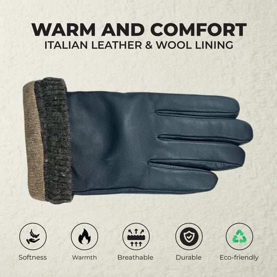 Men’s Navy Blue Italian Leather Warm Wool Lining Winter Bike Riding Driving Casual Gloves - Image 3