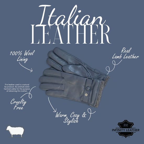 Men’s Navy Blue Italian Leather Warm Wool Lining Winter Bike Riding Driving Casual Gloves - Image 4