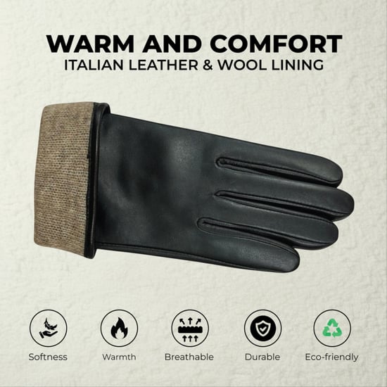 Zwarte Italiaanse leren winterhandschoenen met zachte wollen voering en strikmotief voor dames - Image 3