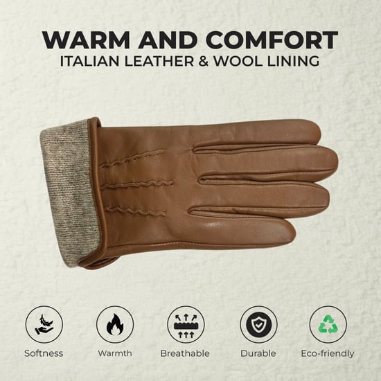 Dameshandschoenen met zachte wollen voering en bruin Italiaans leer in winterse steeklijnstijl - Image 3