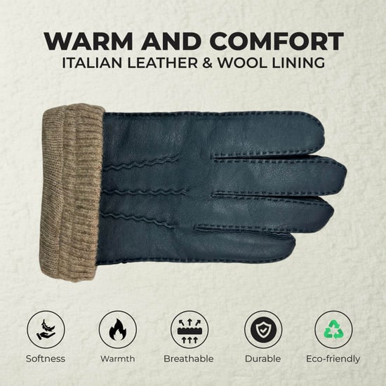 Heren marineblauwe Italiaanse leren warme wollen voering winterrijhandschoenen voor casual rijden - Image 3