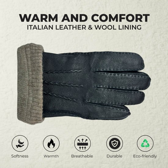 Heren zwarte Italiaanse leren warme wollen voering winterrijhandschoenen voor casual rijden - Image 3
