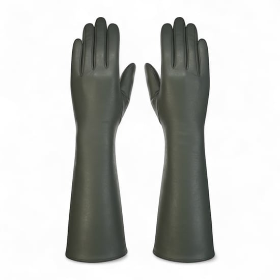 Dames lange olijfgroene Italiaanse leren winterhandschoenen met zachte wollen voering - Image 1