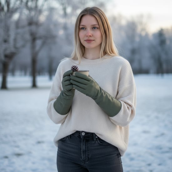 Dames lange olijfgroene Italiaanse leren winterhandschoenen met zachte wollen voering - Image 2